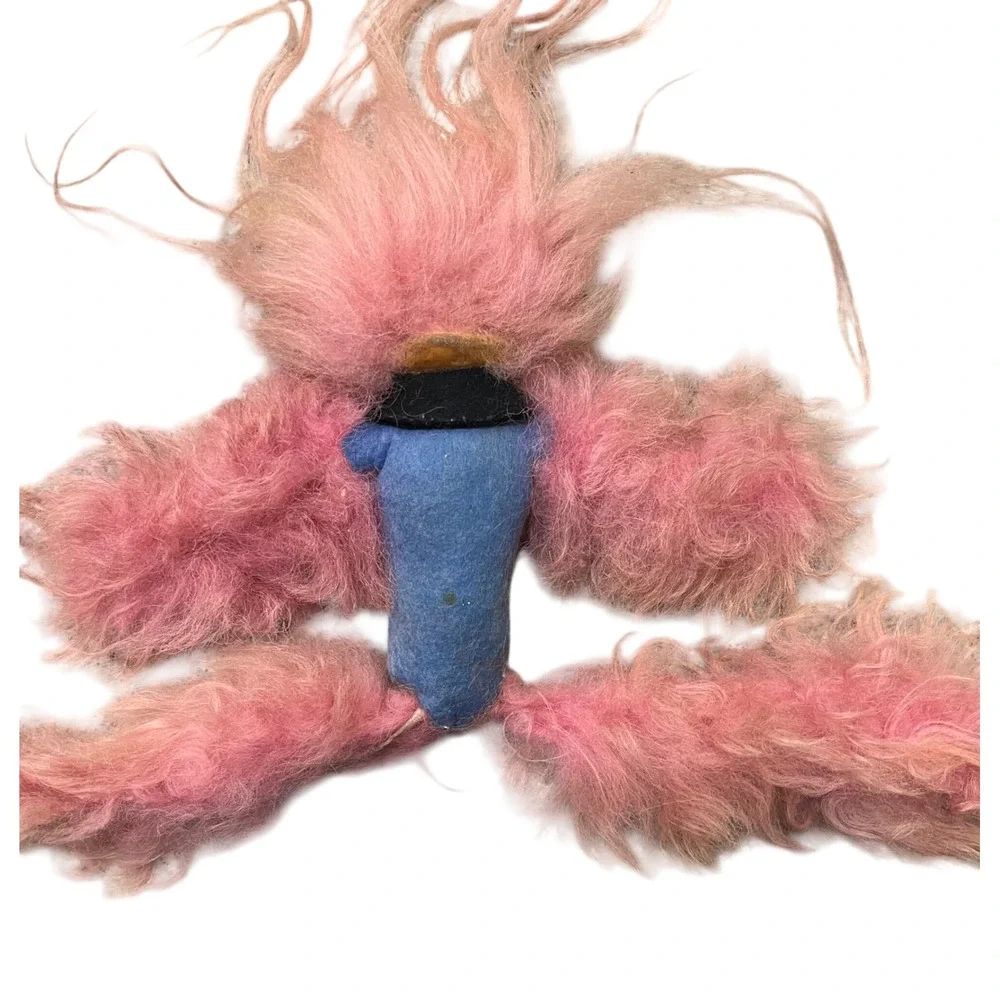 Vintage Scandia House Troll Doll Pink Shaggy Plush Blue Body Vinyl Face Denmark